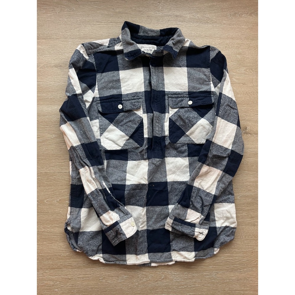 J Crew Buffalo Shacket Women 2XS Blue White Check Flannel Pleated 1/2 Zip Warmth